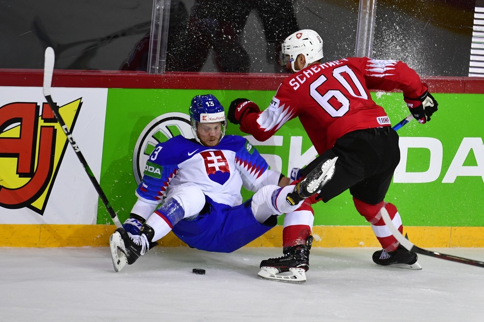 Michal Krištof v zápase Slovensko - Švajčiarsko na MS v hokeji 2021.