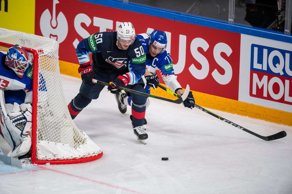 Marek Ďaloga v zápase Slovensko - USA na MS v hokeji 2021.