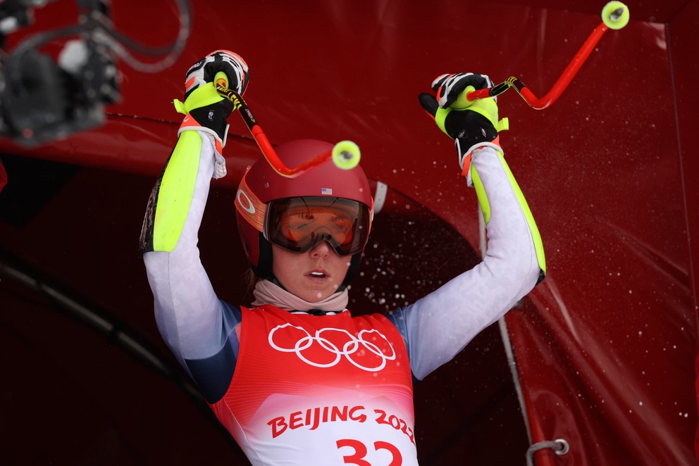 Mikaela Shiffrinová počas tréningu zjazdu na ZOH 2022 v Pekingu.