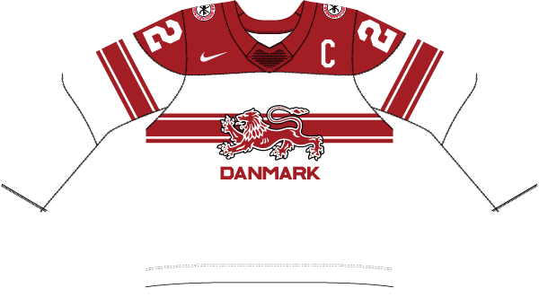 Dánsko na MS v hokeji 2022 - dresy doma. 