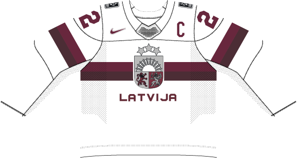Lotyšsko na MS v hokeji 2023 - dresy doma. 