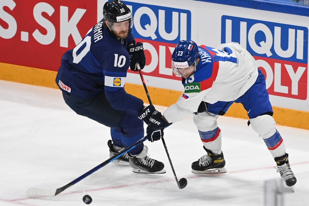 Michal Krištof v zápase Slovensko - Fínsko vo štvrťfinále MS v hokeji 2022.