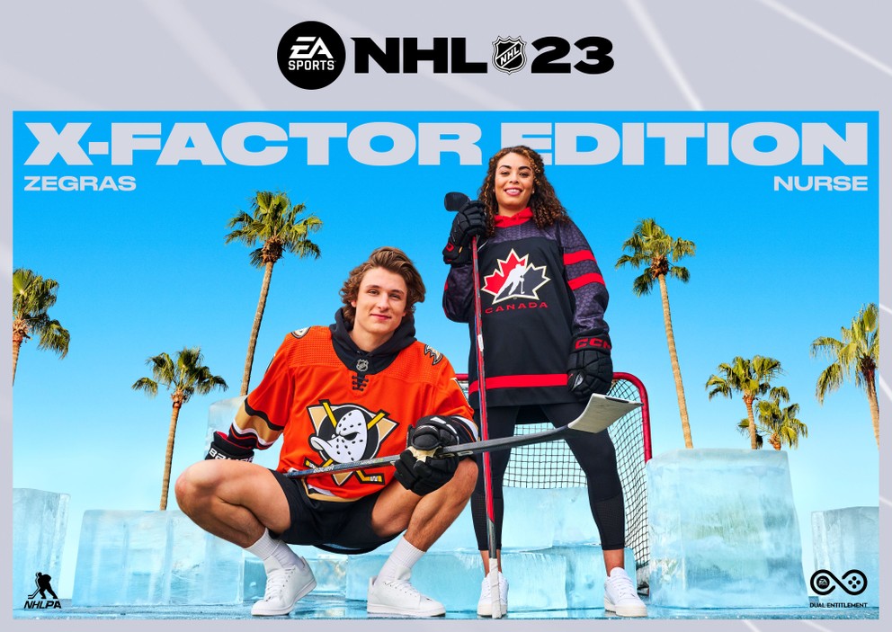 Trevor Zegras (vľavo) a Sarah Nurse (vpravo) budú na obale hry NHL 23.