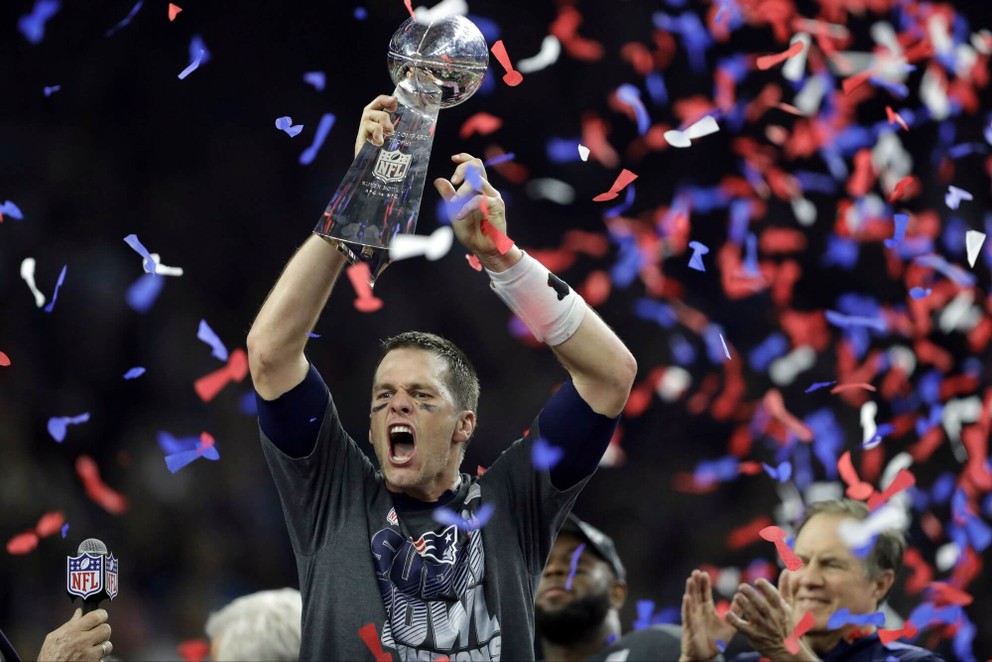 Quarterback New England Patriots Tom Brady po víťazstve v Super Bowle v roku 2017. 