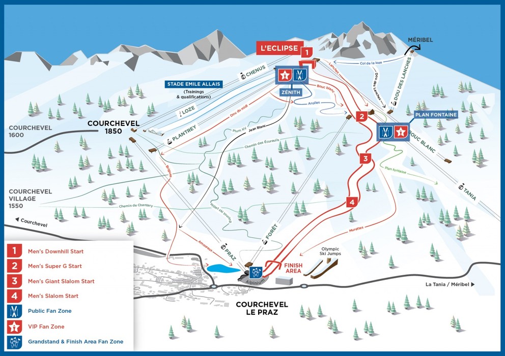 Mapa mužských disciplín na MS v zjazdovom lyžovaní 2023 v francúzskom stredisku Courchevel.