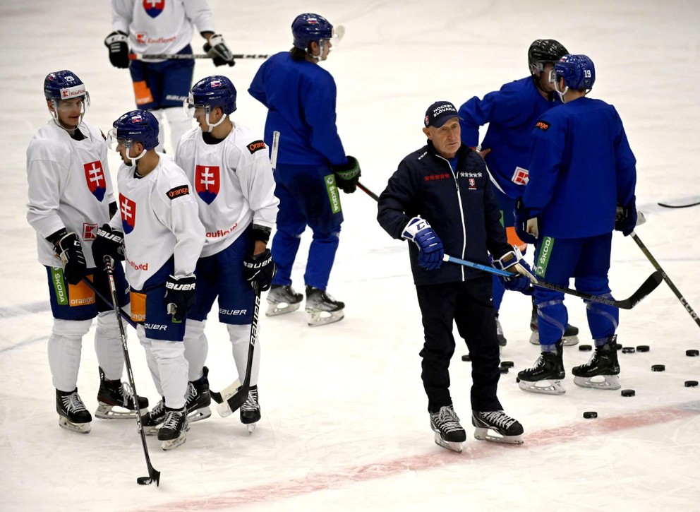 Na snímke tréner slovenskej hokejovej reprezentácie Craig Ramsay s hráčmi na tréningu počas reprezentačného zrazu v Košiciach.
