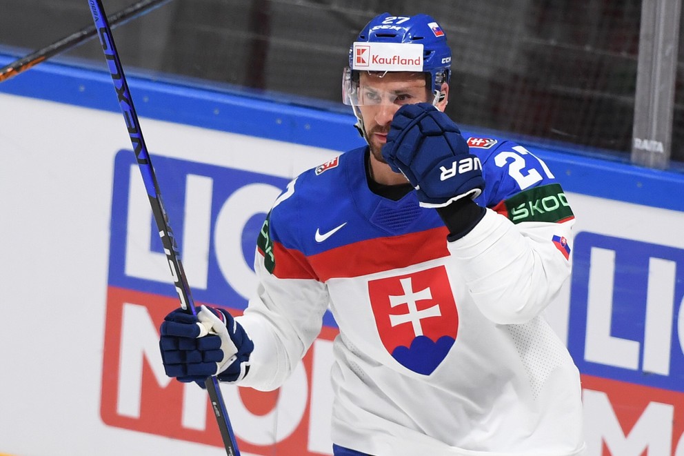 Marek Hrivík sa teší po strelenom góle v zápase Slovensko - Nórsko na MS v hokeji 2023.