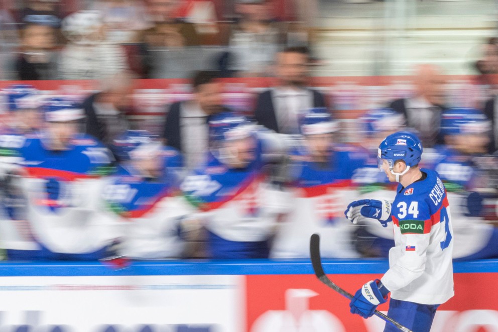 Peter Cehlárik sa teší po strelenom góle v zápase Slovensko - Nórsko na MS v hokeji 2023.