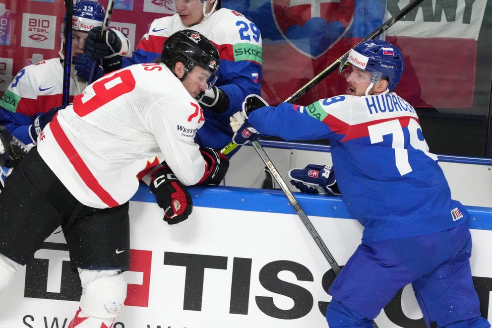 Libor Hudáček v zápase Slovensko - Kanada na MS 2023 v hokeji-