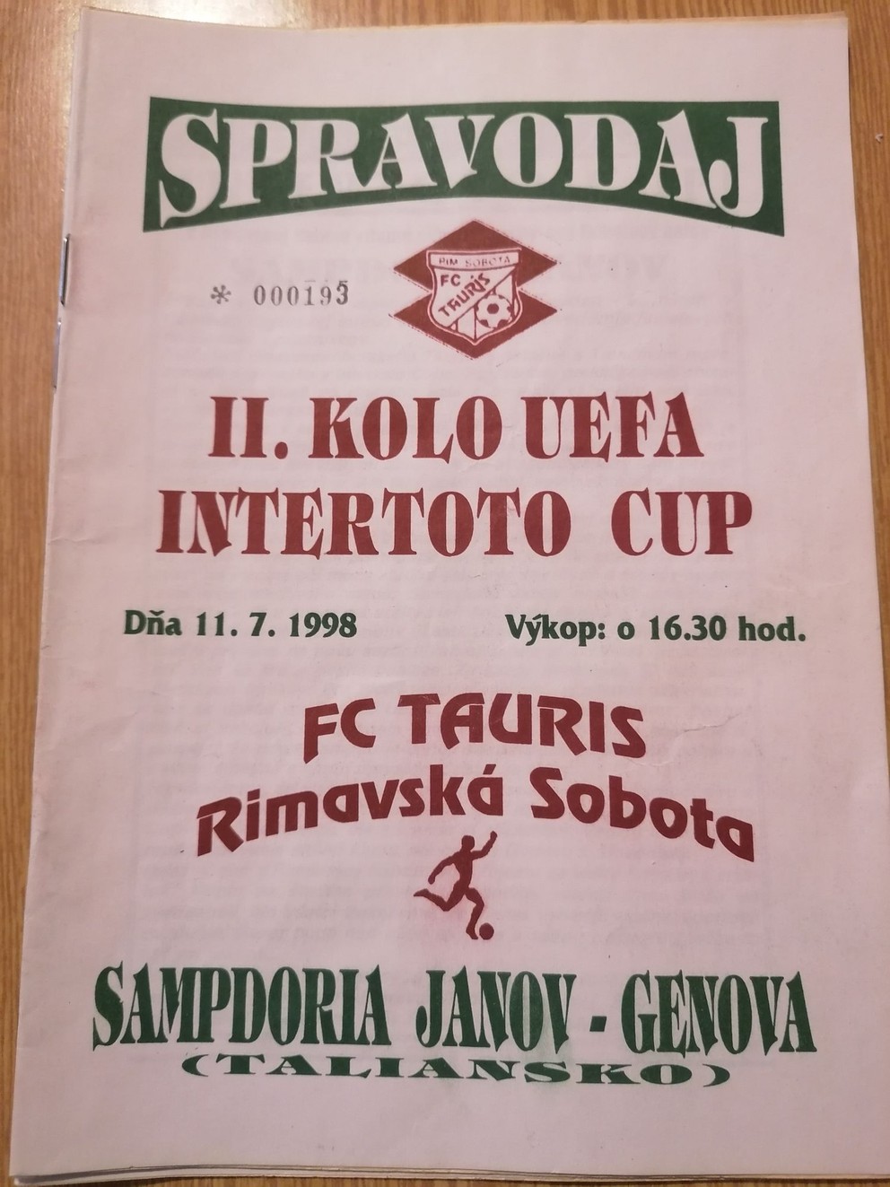 Titulná strana bulletinu k zápasu Tauris Rimavská Sobota - Sampdoria Janov.