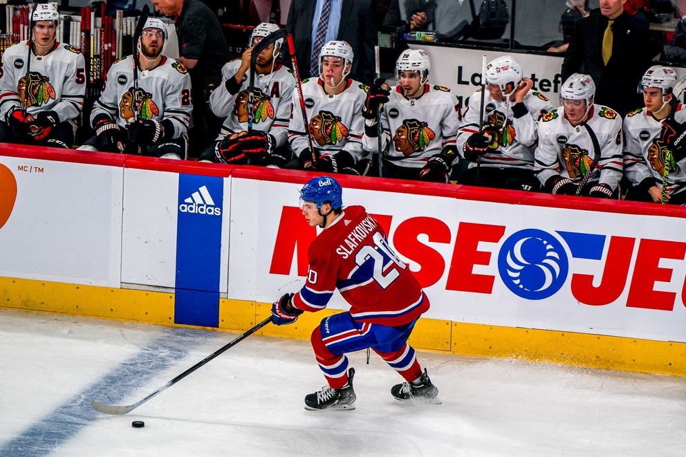 Juraj Slafkovský v zápase Montreal Canadiens - Chicago Blackhawks.