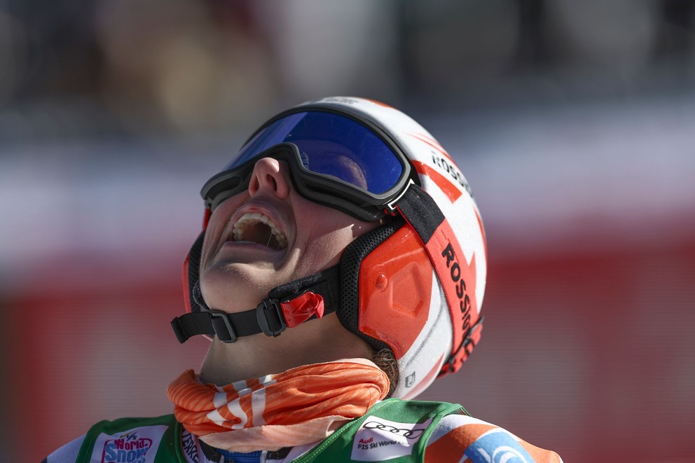 Radosť Petry Vlhovej po príchode do cieľa v 2. kole obrovského slalomu v Söldene. 
