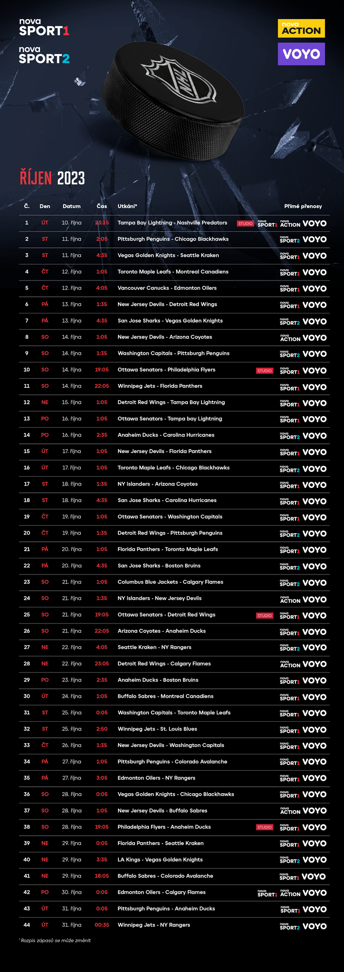 TV program zápasov NHL v mesiaci október 2023.