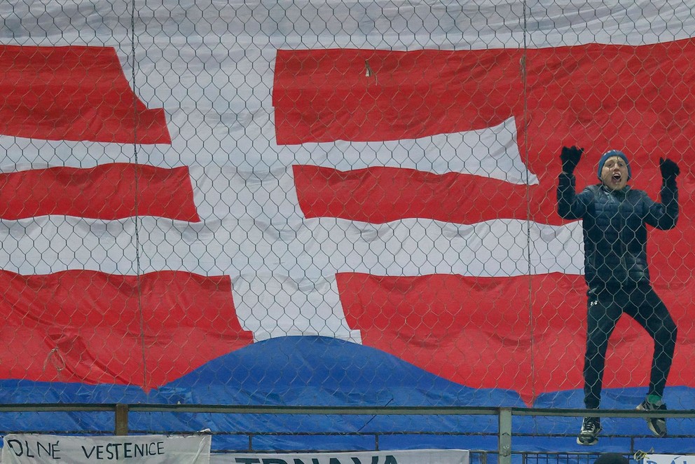 Slovenský fanúšik po strelení vyrovnávajúceho gólu v zápase Bosna a Hercegovina - Slovensko v kvalifikácii na EURO 2024.