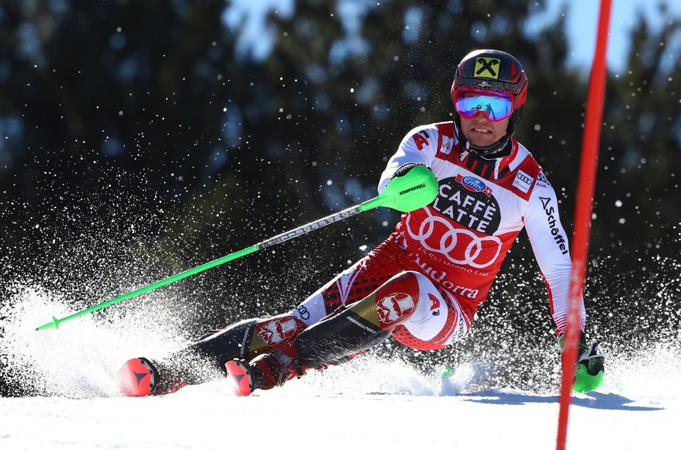 Marcel Hirscher v 1. kole slalomu v andorrskom Soldeu v roku 2019.