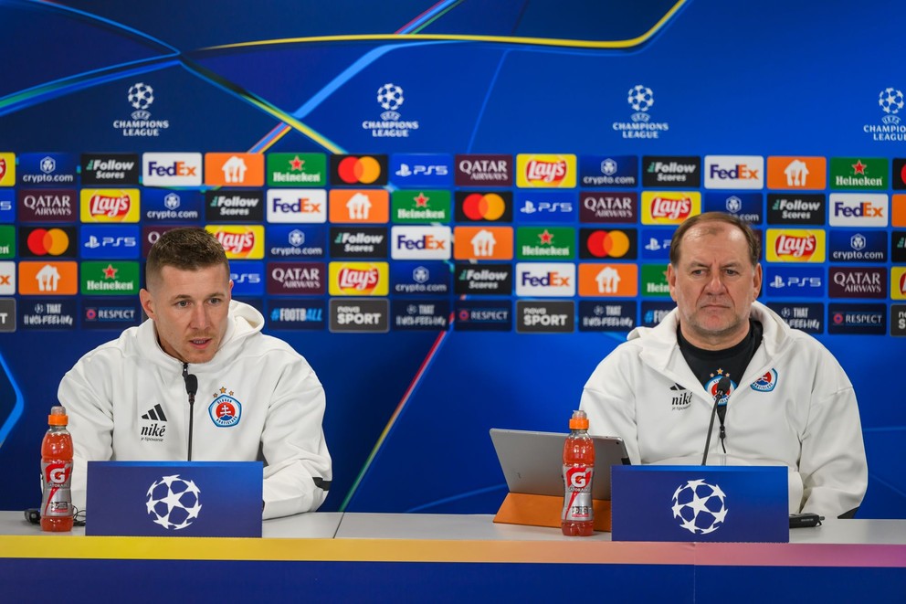 Coach Vladimír Weiss st. (right) and Juraj Kucka at a press conference before ŠK Slovan Bratislava - AC Milan in the Champions League League.