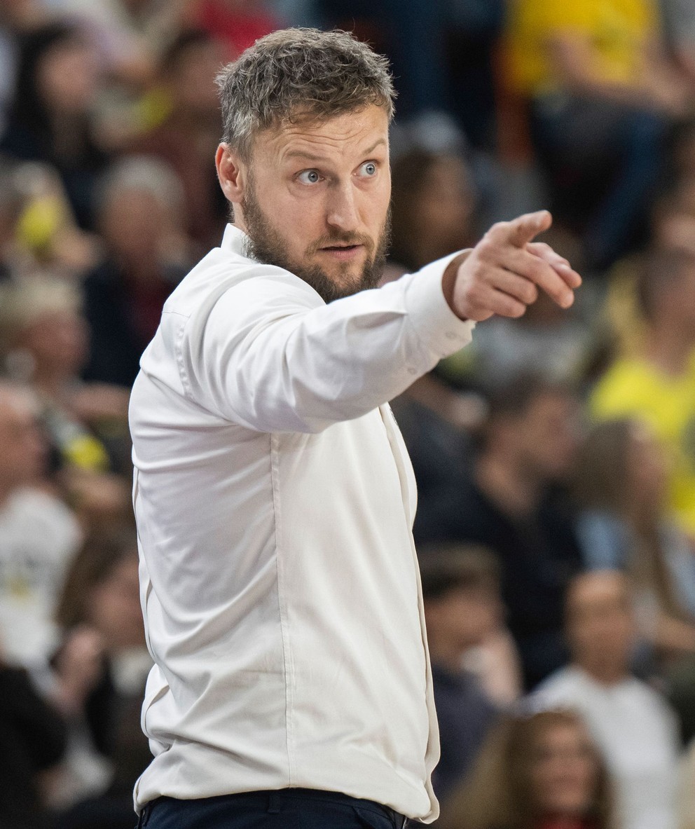 In the picture, the coach of basketball players Levice Michal Madzin during the fourth final match of the playoff Tipos SBL in men's basketball between Inter Bratislava - Patrioti Levice.