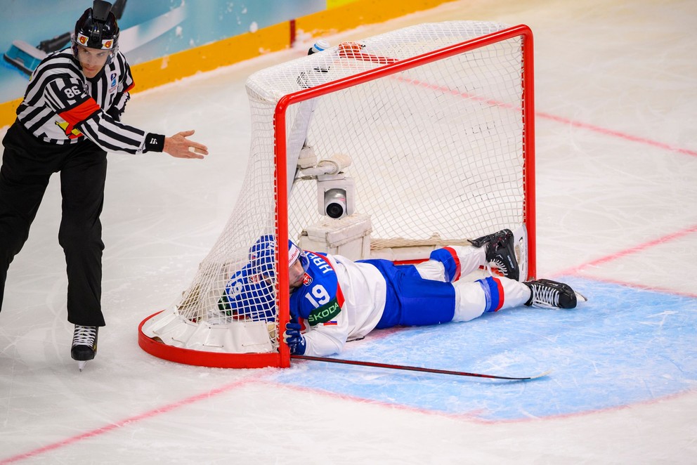 Patrik Hrehorčák v zápase Slovensko - Rakúsko na MS v hokeji 2025.