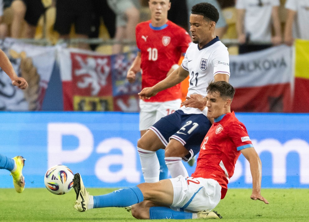 Pictured down Alexandr Sojka (Czech Republic) and Ethan Nwaner (England) during the match of the basic B -group Czech - England at the European Championships under 21 years in Dunajská Streda.