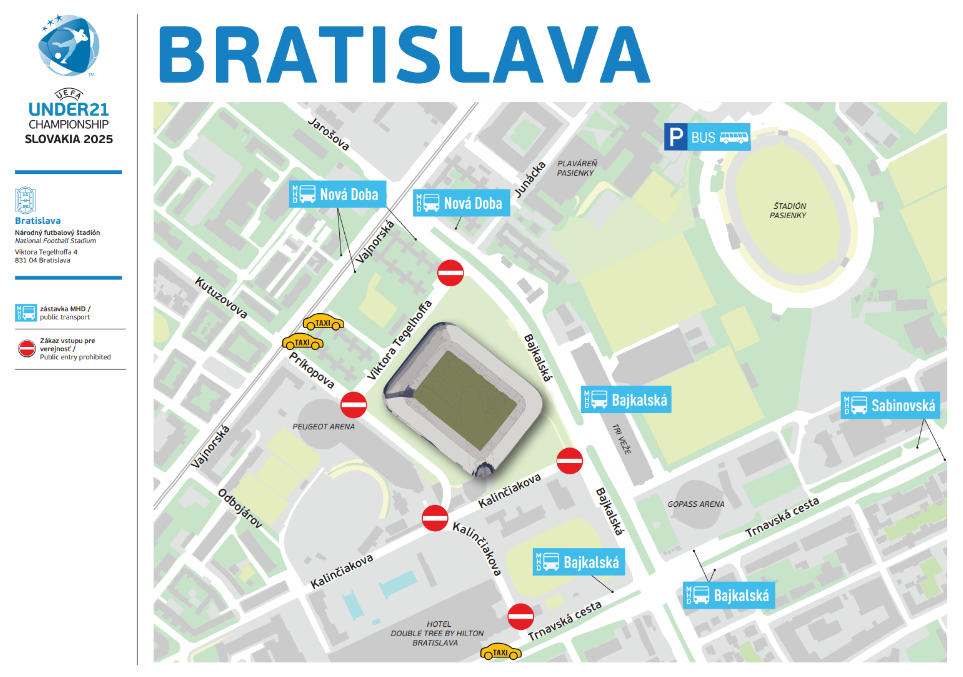 Mapa okolia Tehelného poľa v Bratislave, ktoré bude hostiť EURO U21 vo futbale 2025.