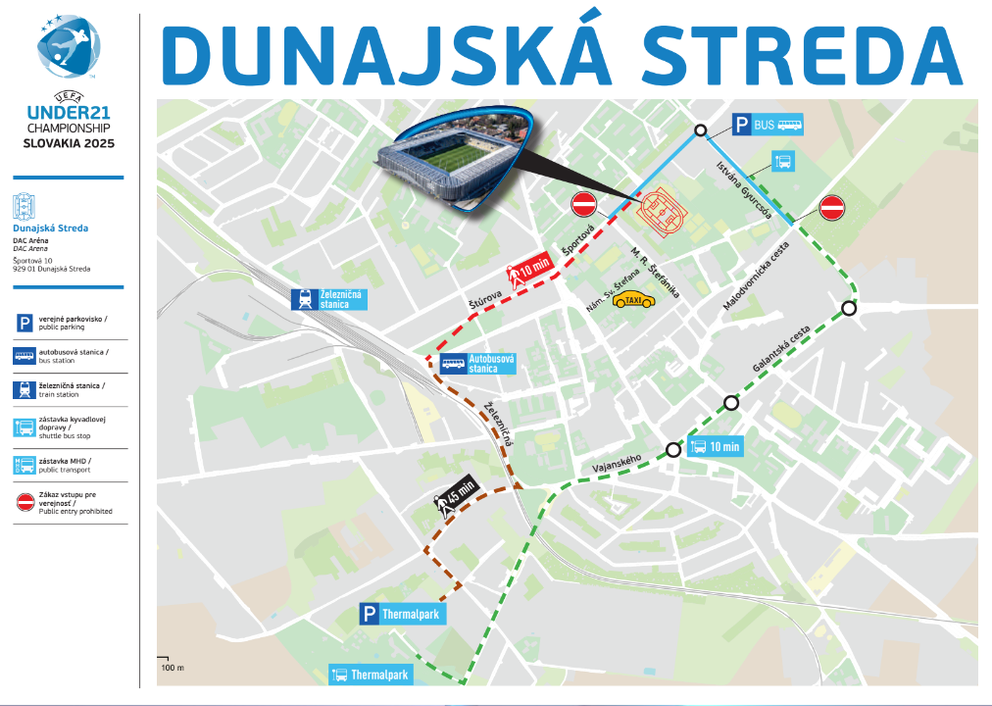 Mapa okolia MOL Arény v Dunajskej Strede, ktorá bude hostiť EURO U21 vo futbale 2025.
