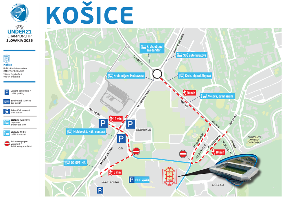 Mapa okolia Košickej futbalovej arény, ktorá bude hostiť EURO U21 vo futbale 2025.