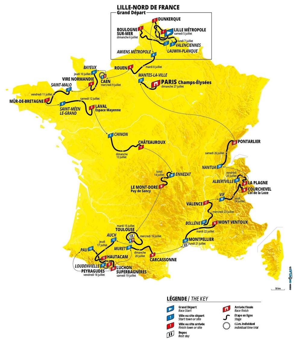 Mapa Tour de France 2025.
