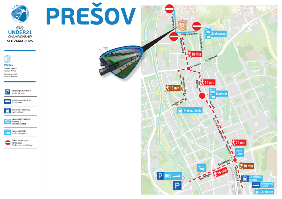Mapa okolia Tatran Arény v Prešove, ktorá bude hostiť EURO U21 vo futbale 2025.