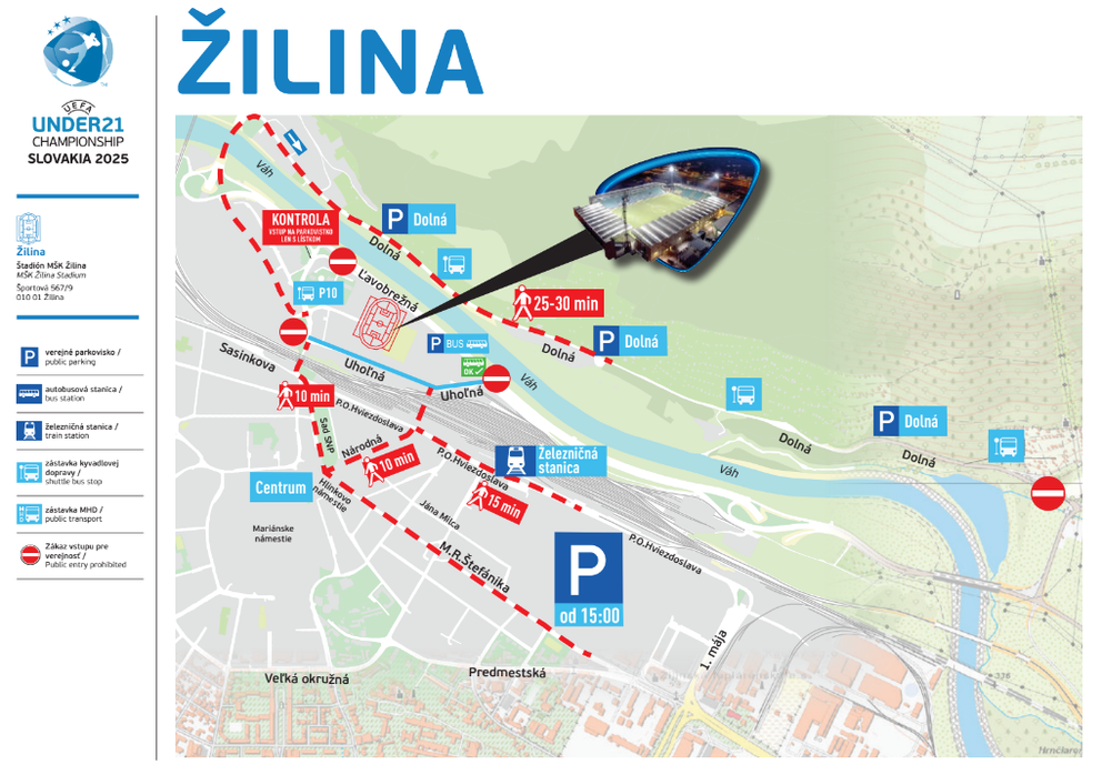 Mapa okolia Štadióna pod Dubňom v Žiline, ktorý bude hostiť EURO U21 vo futbale 2025.