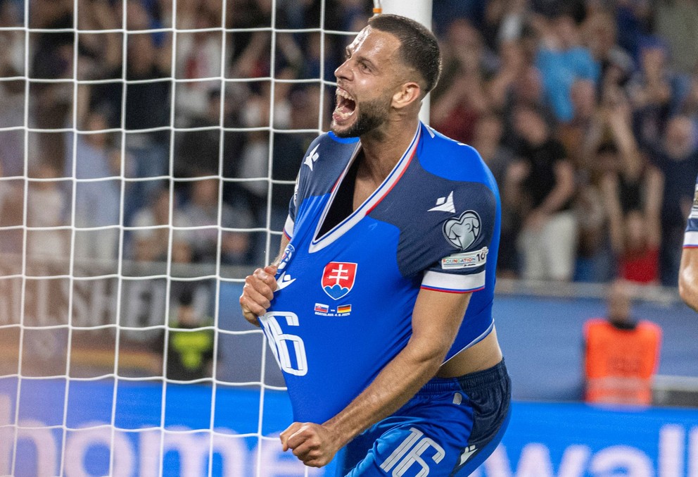Na snímke hráč Slovenska Dávid Hancko sa raduje z gólu v úvodnom kvalifikačnom zápase na MS 2026 A-skupiny Slovensko - Nemecko 4. septembra 2025 v Bratislave.