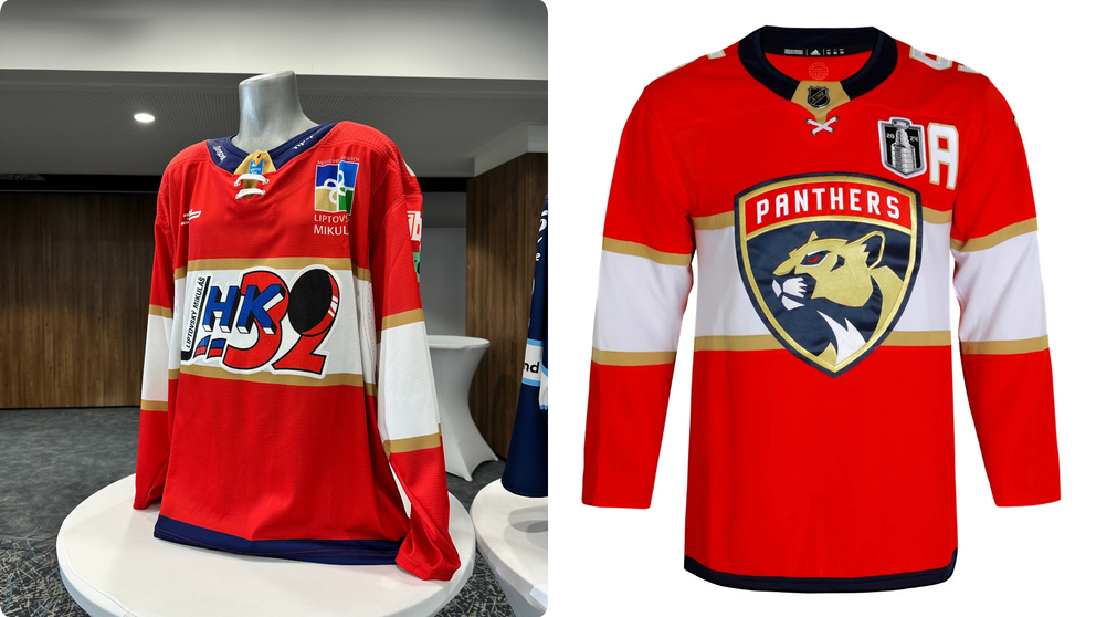 Vľavo nový dres Liptovského Mikuláša, vpravo dres tímu NHL Floridy Panthers.