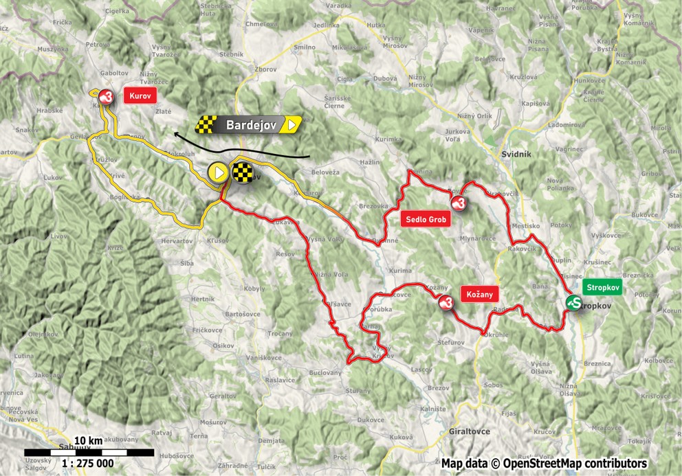 Mapa 1. etapy cyklistických pretekov Okolo Slovenska 2025.