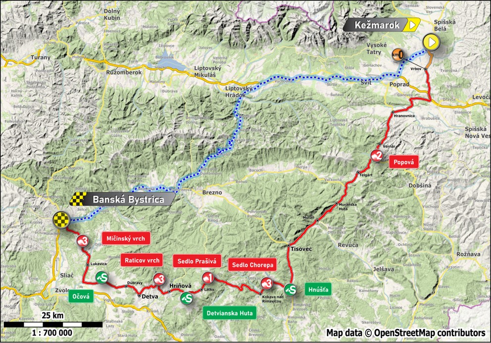 Mapa 3. etapy cyklistických pretekov Okolo Slovenska 2025.