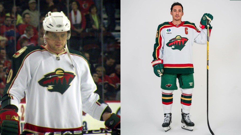 Marián Gáborík a Jared Spurgeon v ikonických dresoch Minnesoty. 