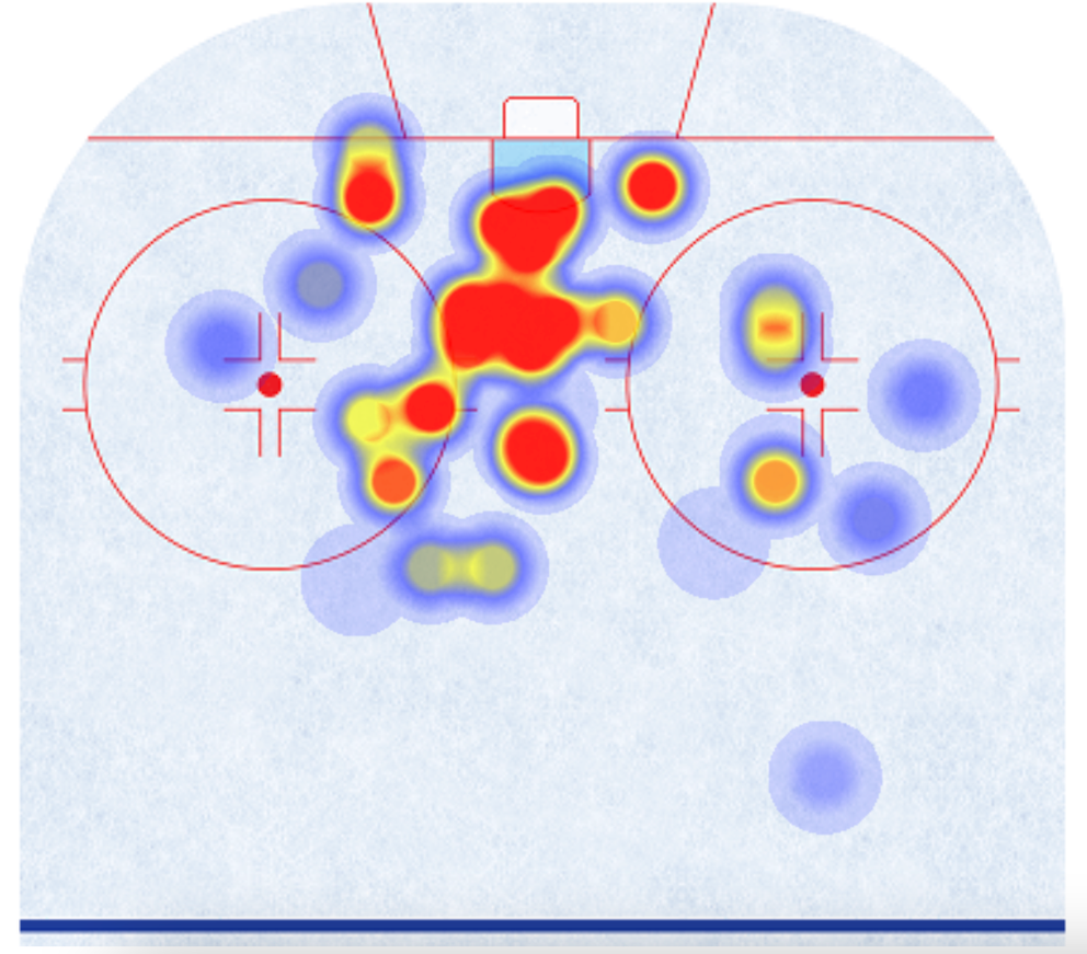 Heat mapa Slafkovského striel ukazuje, v ktorých zónach útočného pásma sa najčastejšie dostáva k zakončeniu.