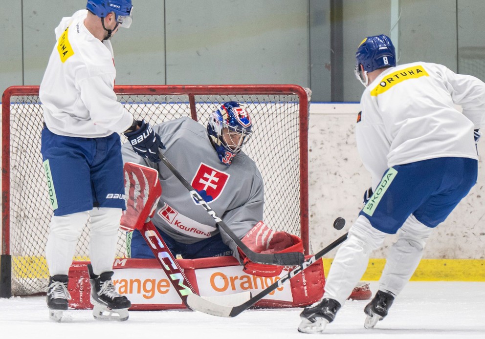 Na snímke slovenskí hokejoví reprezentanti zľava Maxim Čajkovič, brankár Stanislav Škorvánek a Šimon Petráš.