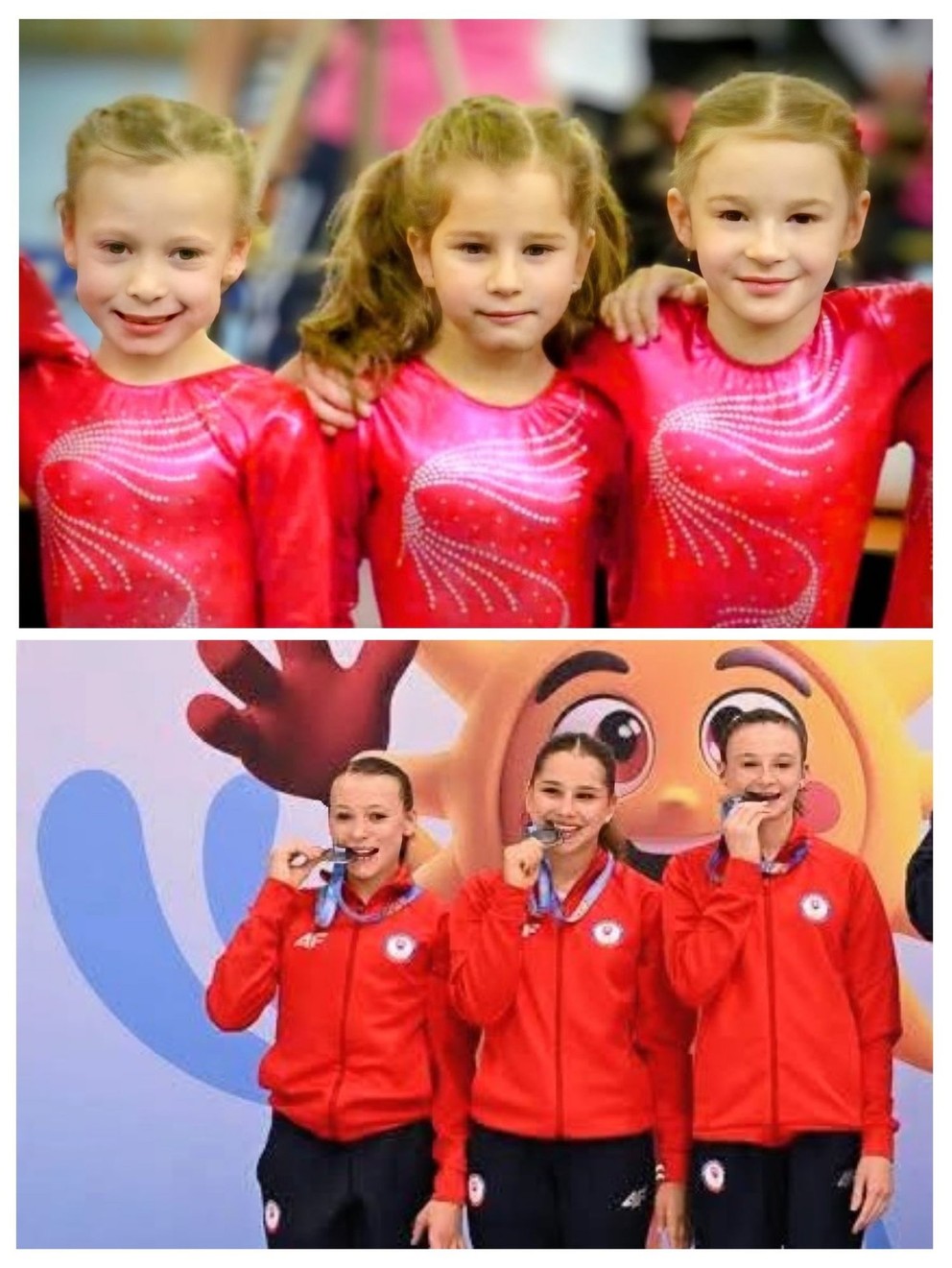 Lucia Piliarová, Lilly Murínová a Nela Ostrihoňová ešte ako malé deti a po zisku striebornej medaily v súťaži tímov na EYOF-e v Osijeku.