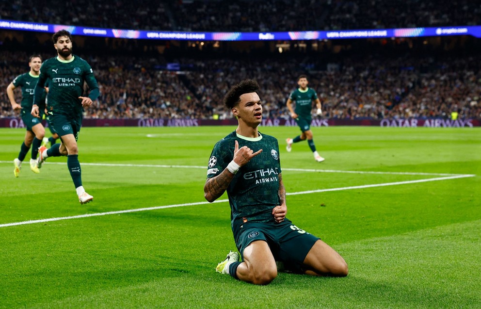 Nico O'Reilly sa teší z gólu v zápase Ligy majstrov Real Madrid - Manchester City. 