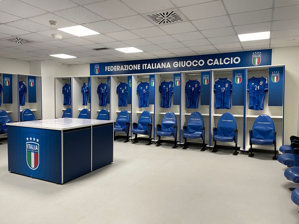 Šatňa reprezentácie Talianska na štadióne Stadio Olimpico v Ríme.