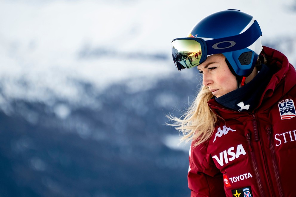 Lindsey Vonnová pred tréningom zjazdu v St. Moritz.
