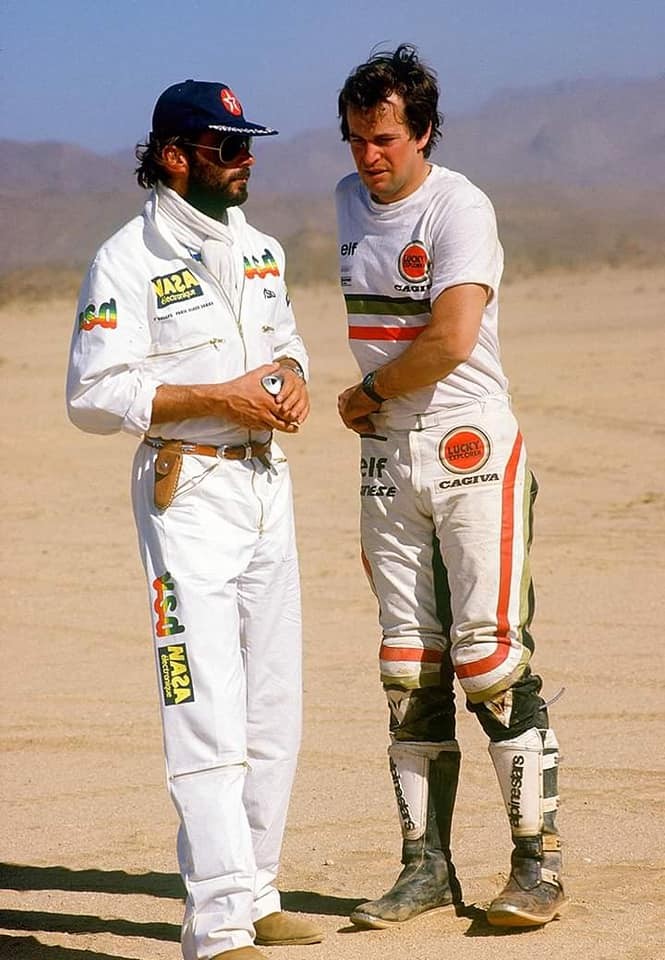 Thierry Sabine a jeho krajan Hubert Auriol, neskorší riaditeľ tohto podujatia (1995-2004). Záber z roku 1986.