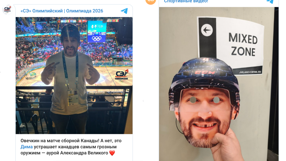 Ruský novinár provokuje na olympiáde v maske Alexandra Ovečkina.