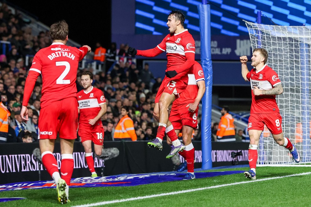 Slovenský futbalista David Strelec sa teší z gólu v drese Middlesbrough FC.