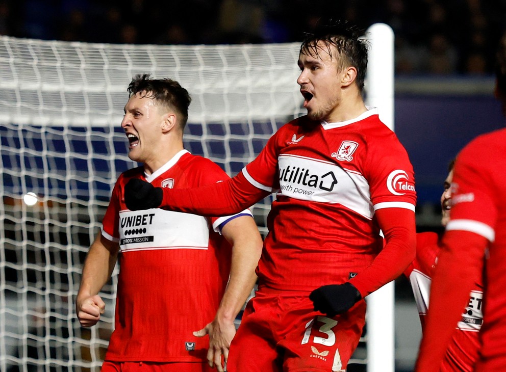 Slovenský futbalista David Strelec sa teší z gólu v drese Middlesbrough FC.