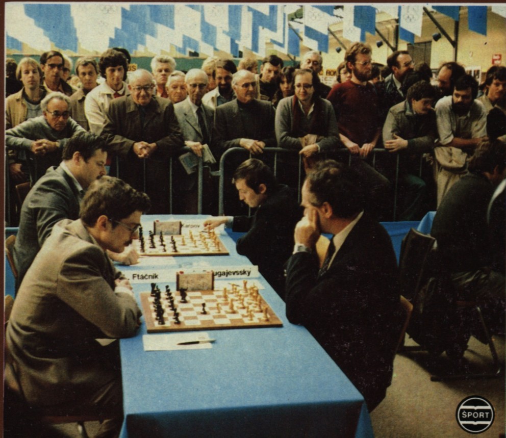 Ľubomír Ftáčnik, Lev Polugajevskij, Vlastimil Hort a AnatolijKarpov na turnaji v Lugane.
