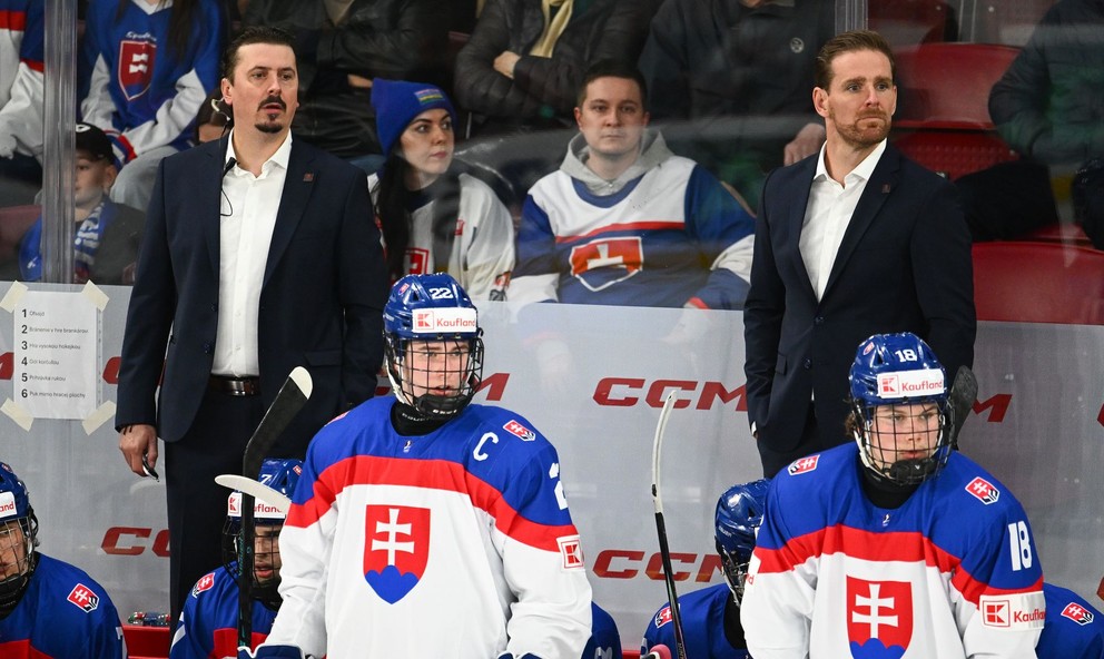 Asistenti hlavného trénera Slovenska Denis Legerský (hore vpravo) a František Štolc (hore vľavo).