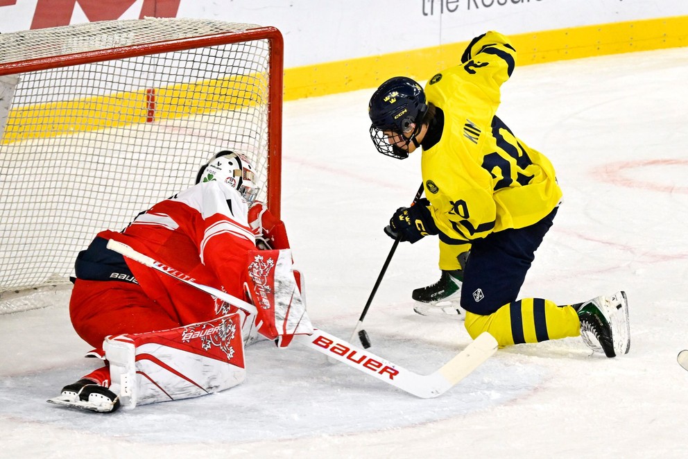 Mikael Kim (Švédsko) a brankár Anton Wilde (Dánsko).