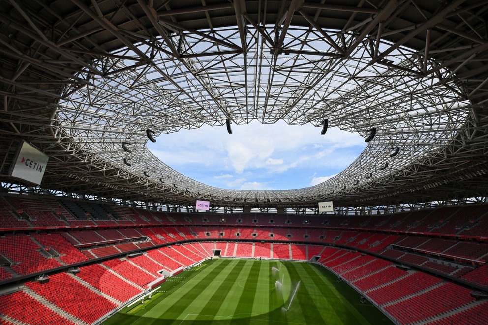 A general view of the Puskas Arena, venue of the 2026 UEFA Champions League final, in Budapest, Hungary, Friday, May 15, 2026. (Tibor Illyes/MTI via AP)