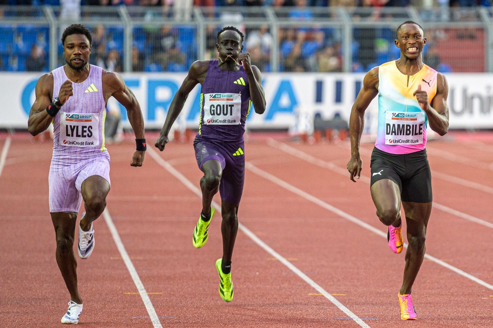   Noah Lyles (USA), Gout Gout (Australia) and Sinesipho Dambile (South Africa) compete in the 150 meters during the main program of the Zlatá Tretra athletics meeting in Ostrava.