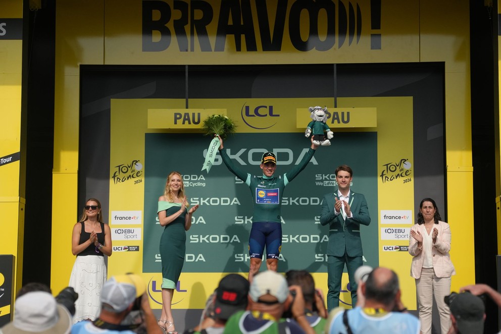 Mads Pedersen v zelenom drese pre lídra bodovej súťaže na Tour de France 2026.